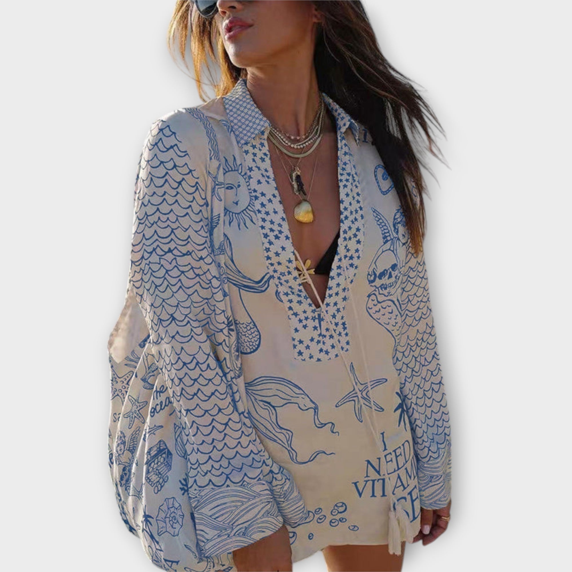 Fringe aqua satin blouse and shorts set