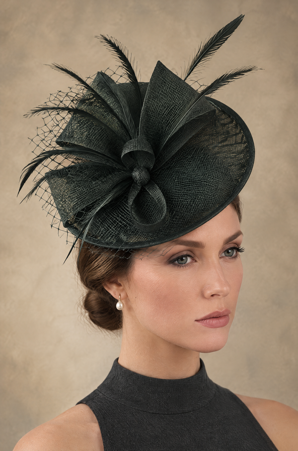 Sinamay Fascinator with Feathers, Netting and Pearl Detail