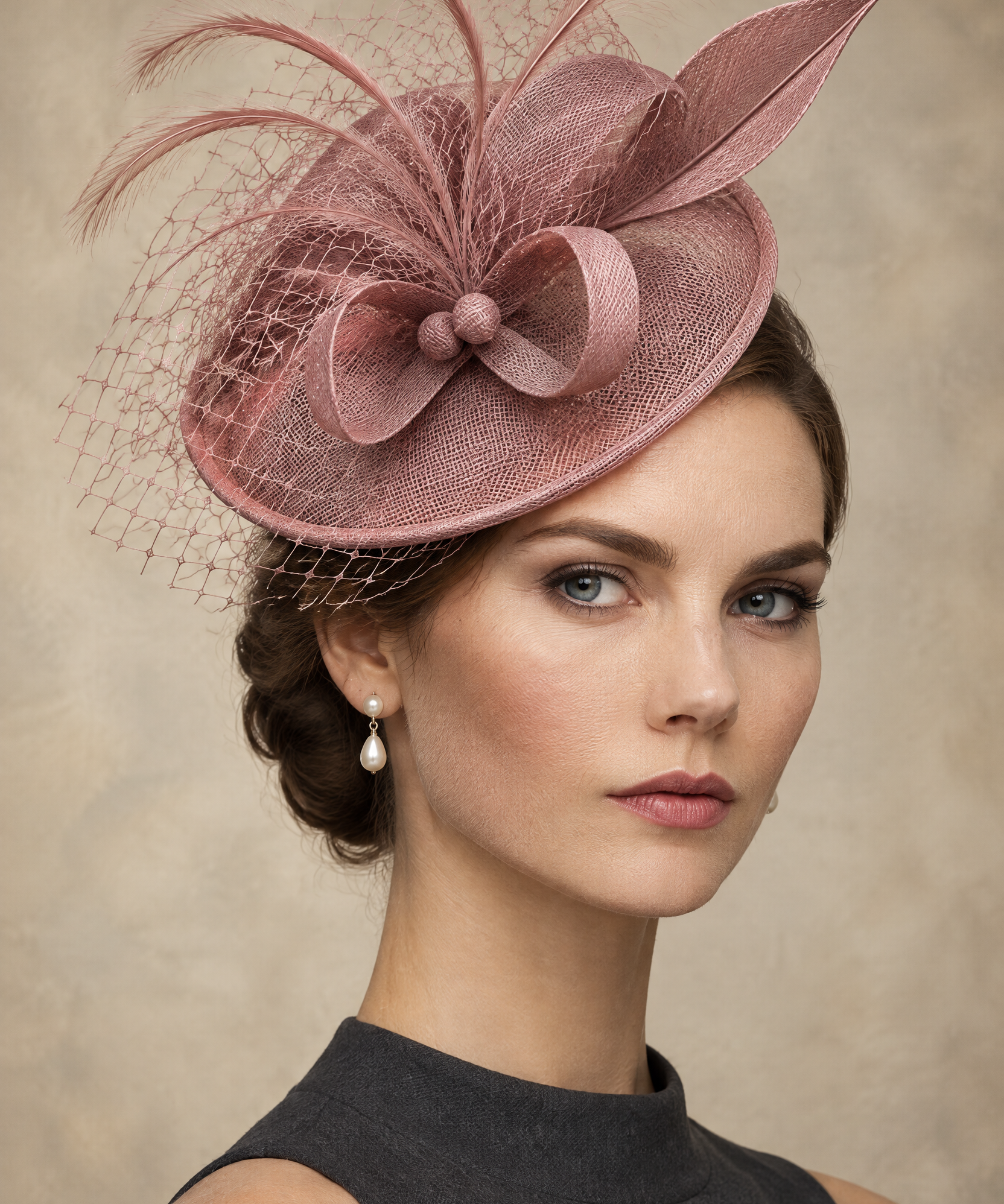 Sinamay Fascinator with Feathers, Netting and Pearl Detail