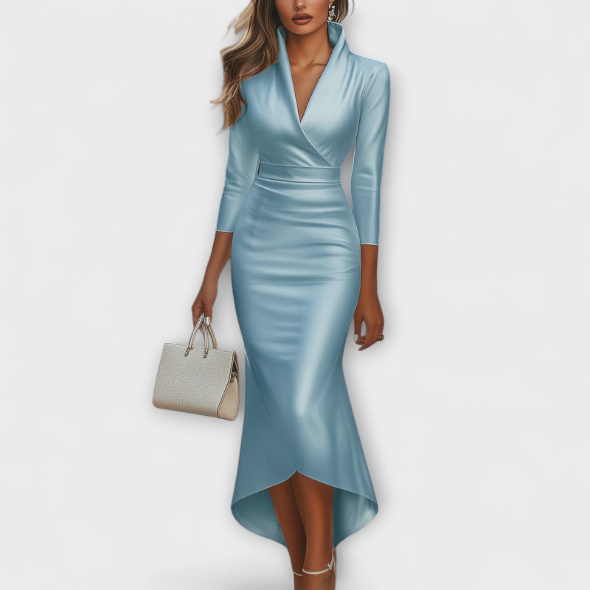Rochie midi elegantă din satin alb cu decolteu în V