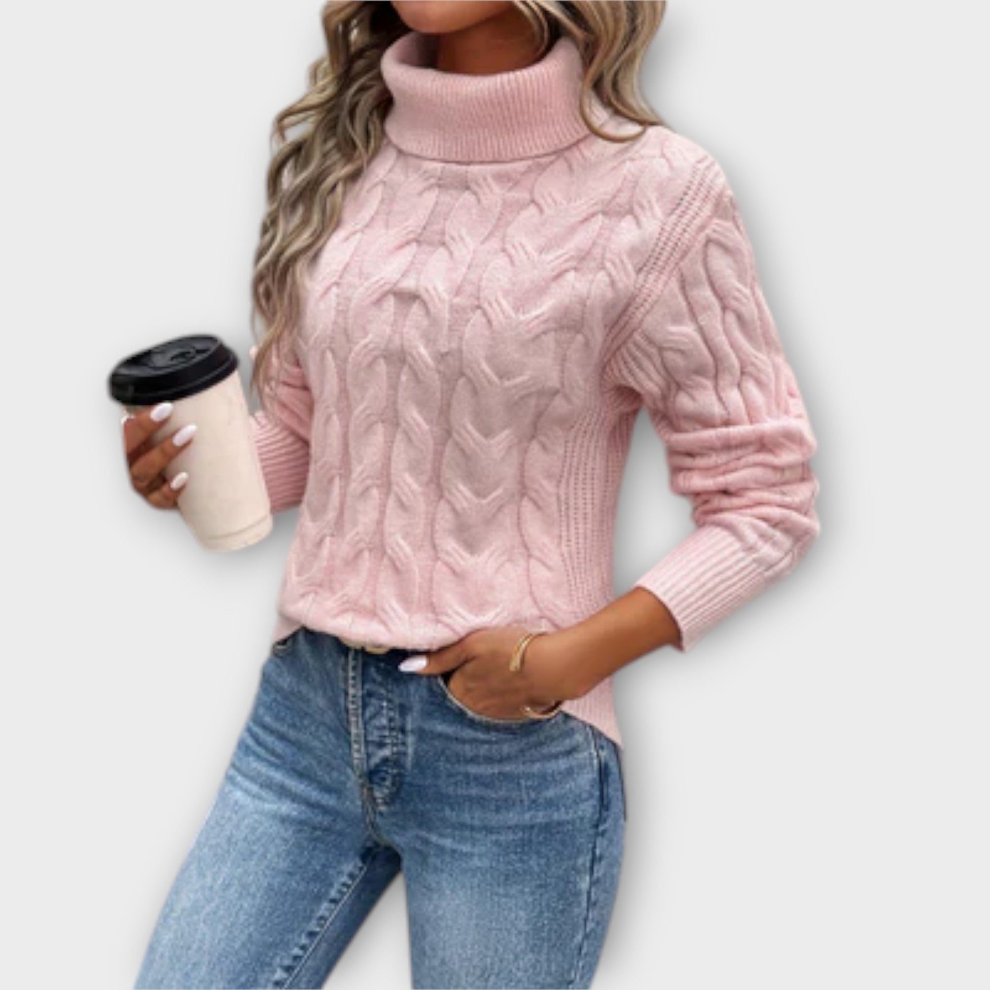 Amelia | Elegant Knitted Jumper with High Collar and Stripe Pattern