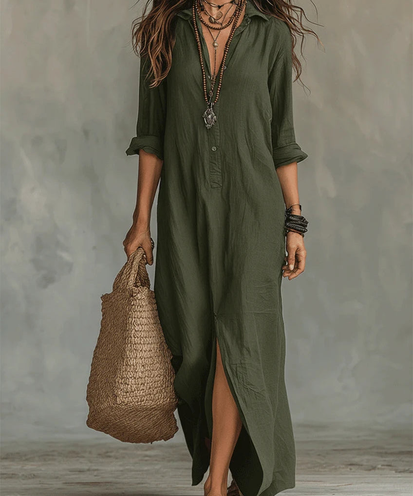 Soline™ | Long Black Maxi Dress With Buttons