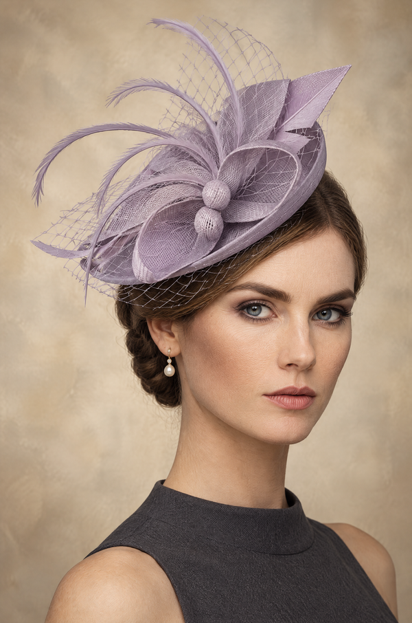 Sinamay Fascinator with Feathers, Netting and Pearl Detail