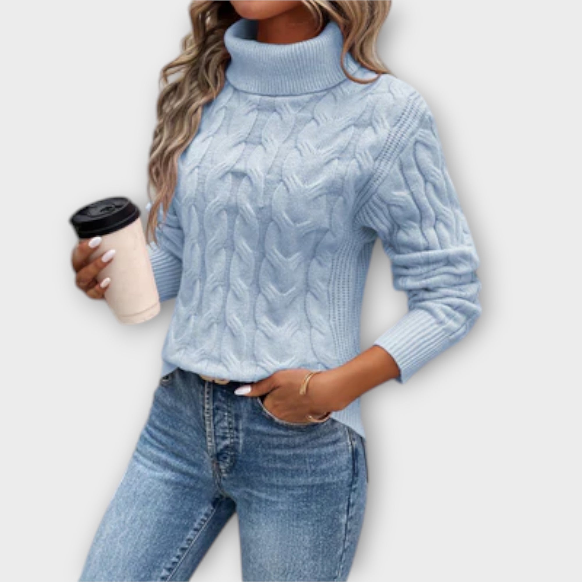 Amelia | Elegant Knitted Jumper with High Collar and Stripe Pattern