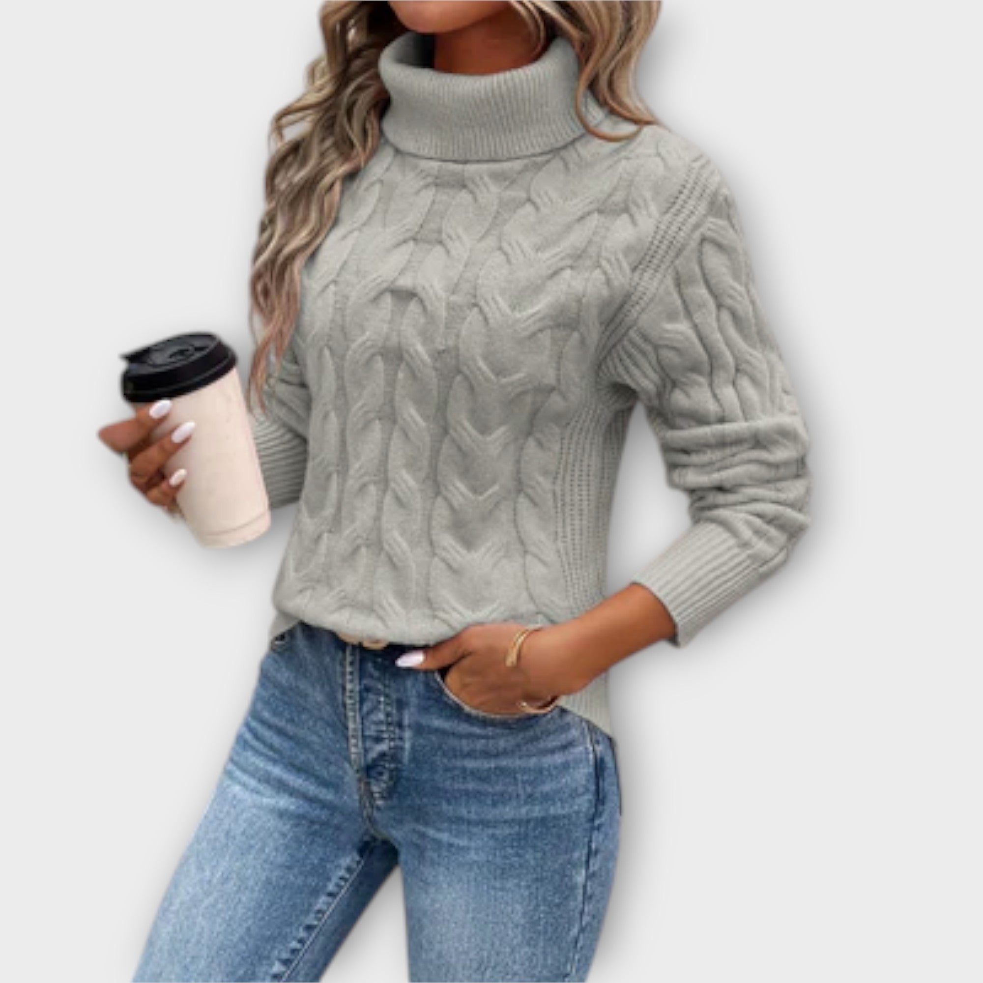 Amelia | Elegant Knitted Jumper with High Collar and Stripe Pattern