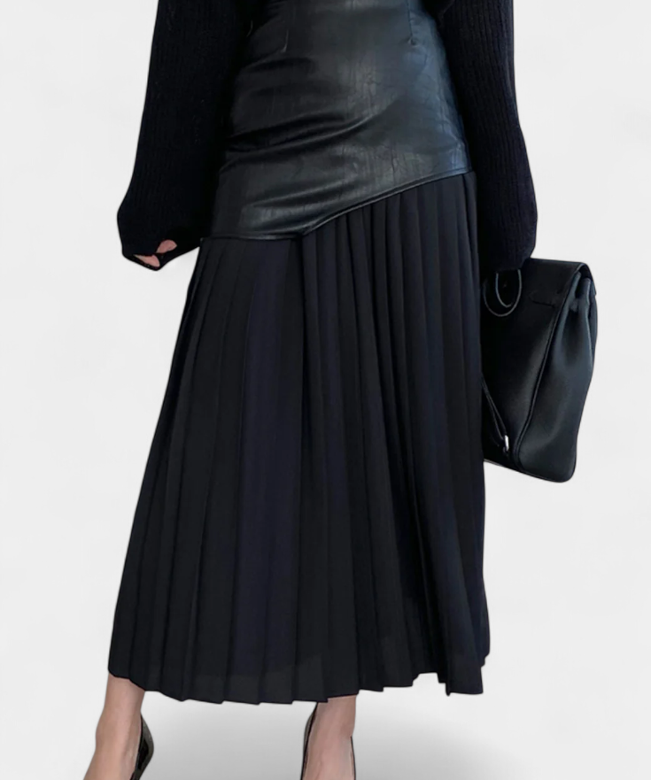 Asymmetric maxi skirt in chiffon and synthetic leather