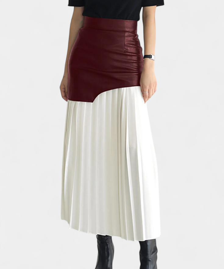 Asymmetric maxi skirt in chiffon and synthetic leather