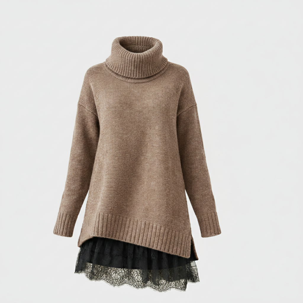 Luxurious knitted dress with high collar and lace details