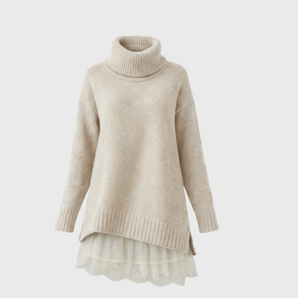Luxurious knitted dress with high collar and lace details
