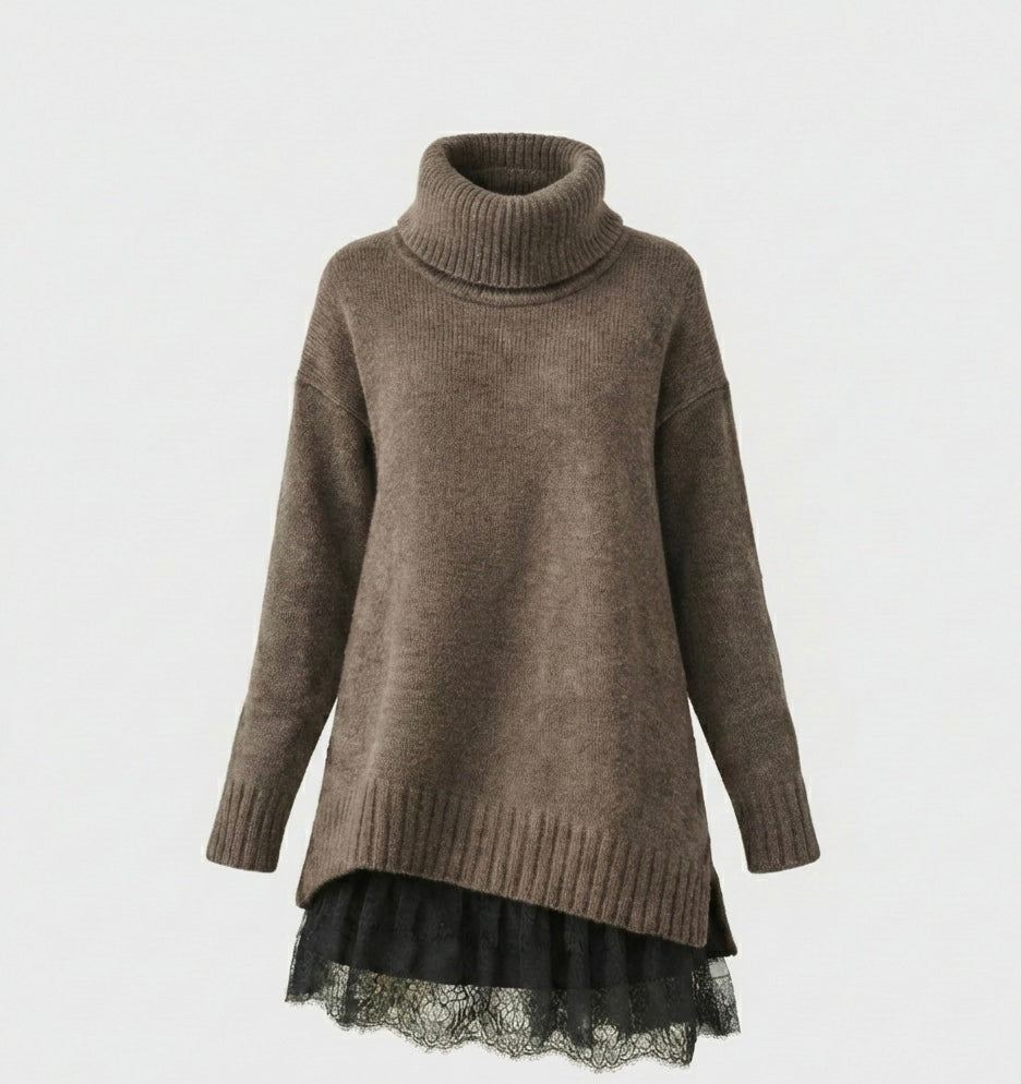 Luxurious knitted dress with high collar and lace details