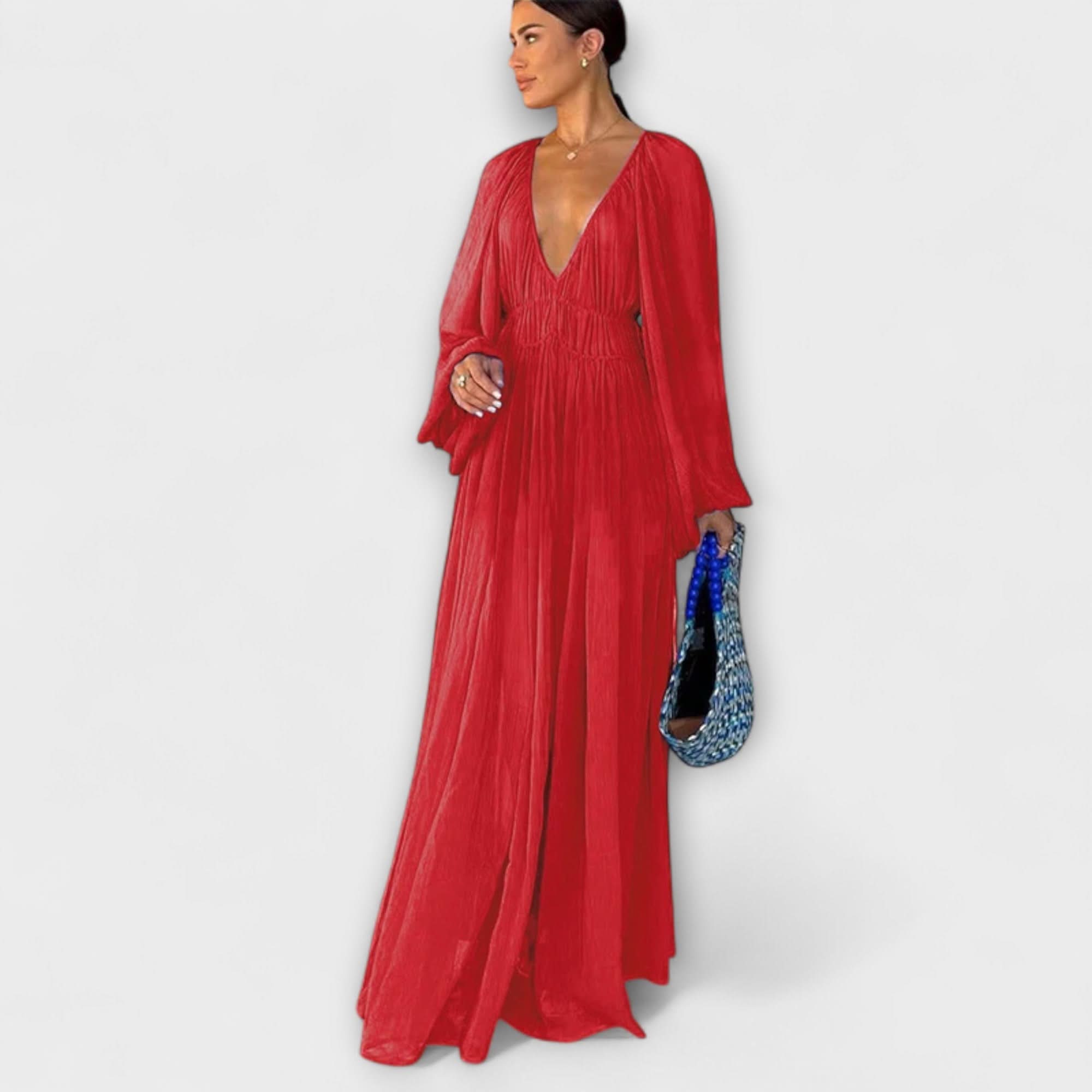 Rochie elegantă plisată cu mânecă lungă