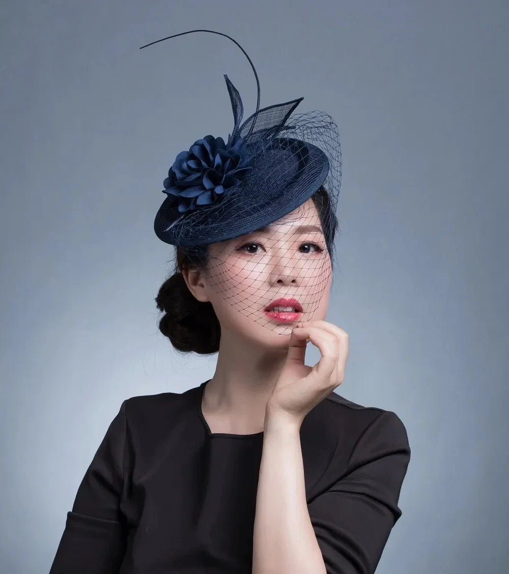 Pillbox Fascinator with Satin Flower and Birdcage Veil