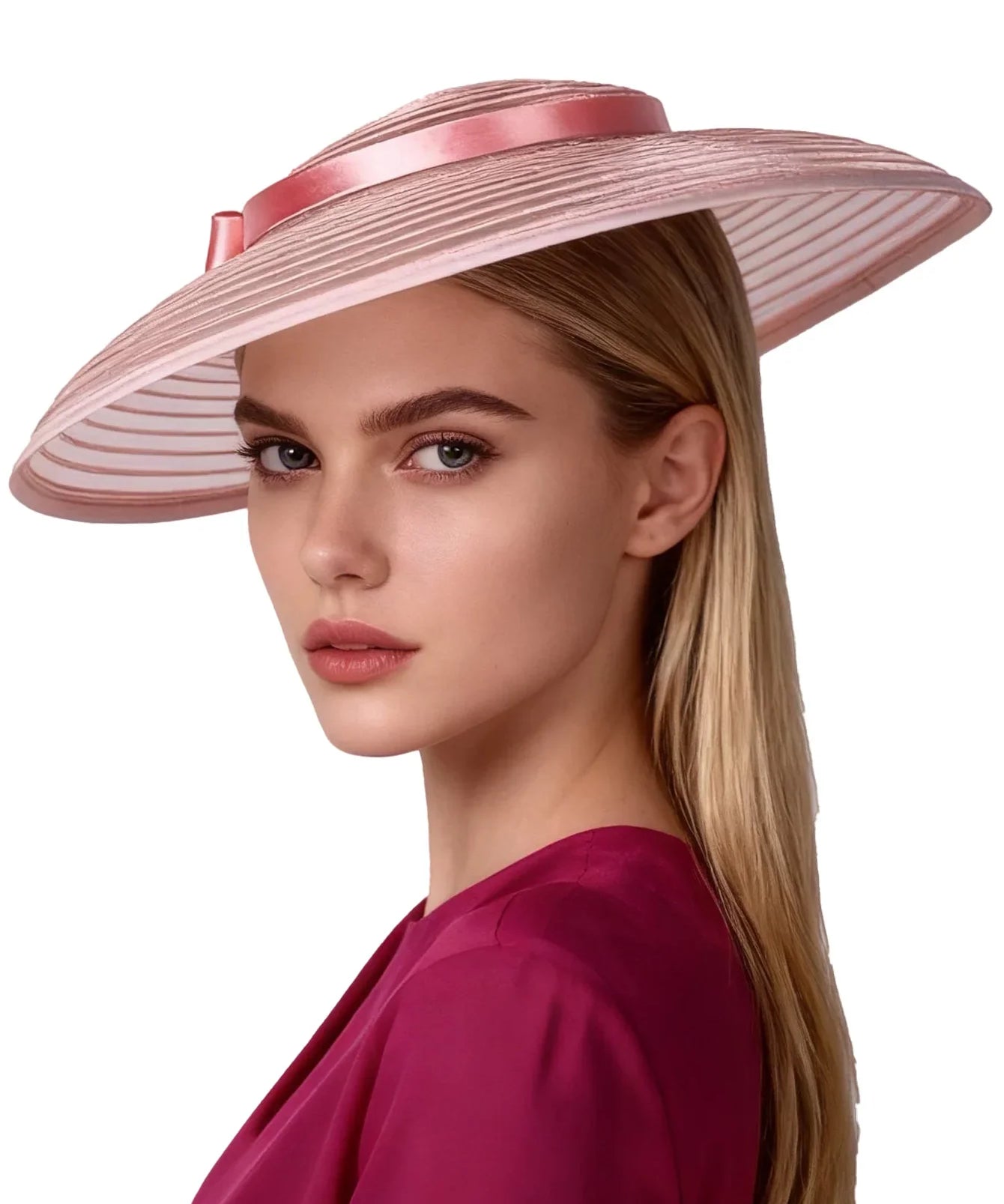 Wide Brim Pleated Church Hat with Ribbon Band