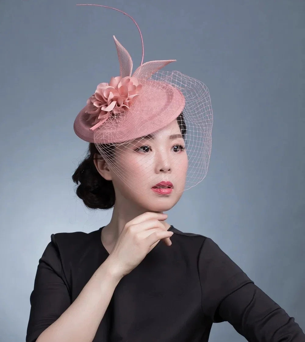 Pillbox Fascinator with Satin Flower and Birdcage Veil