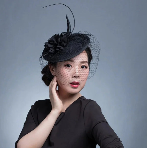 Pillbox Fascinator with Satin Flower and Birdcage Veil