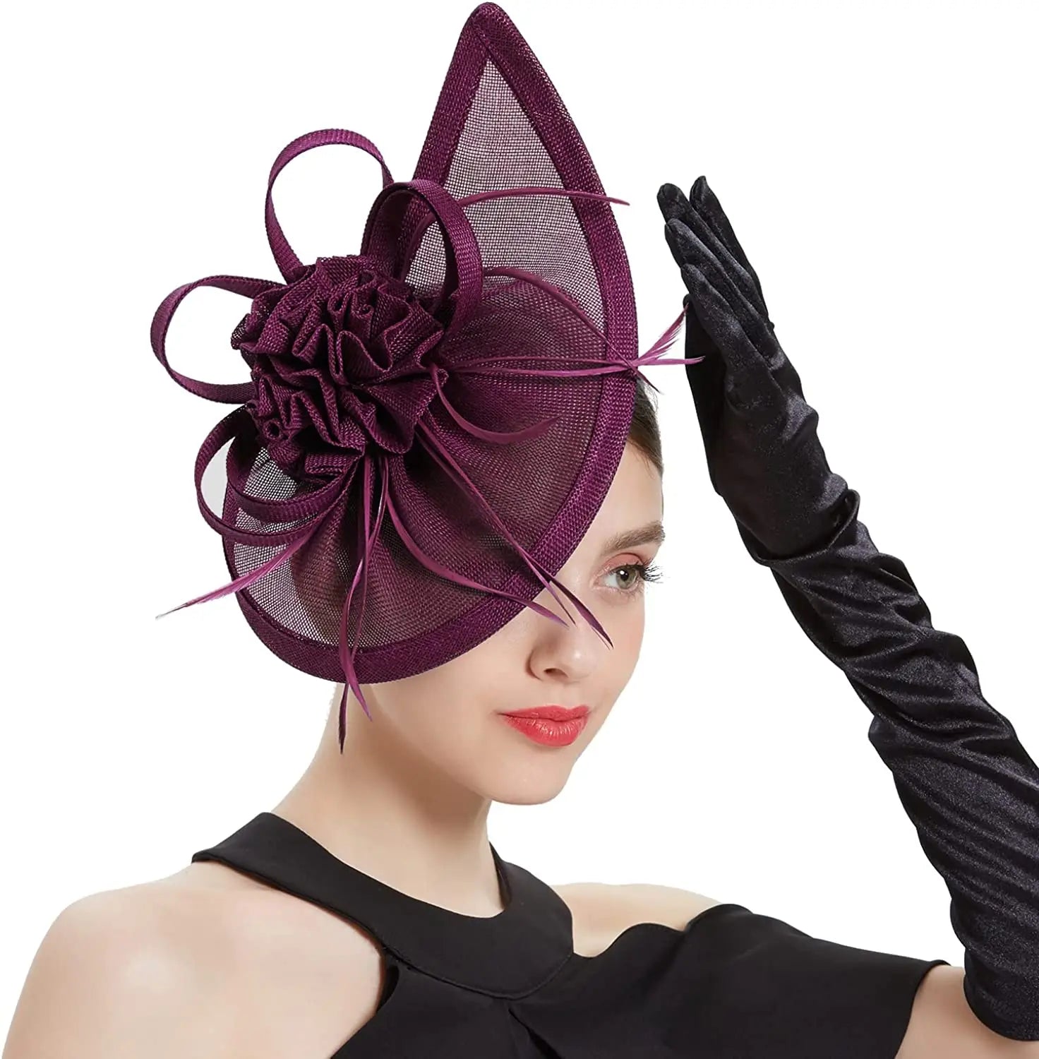 Teardrop Fascinator with Ruffled Flower and Feather Trim