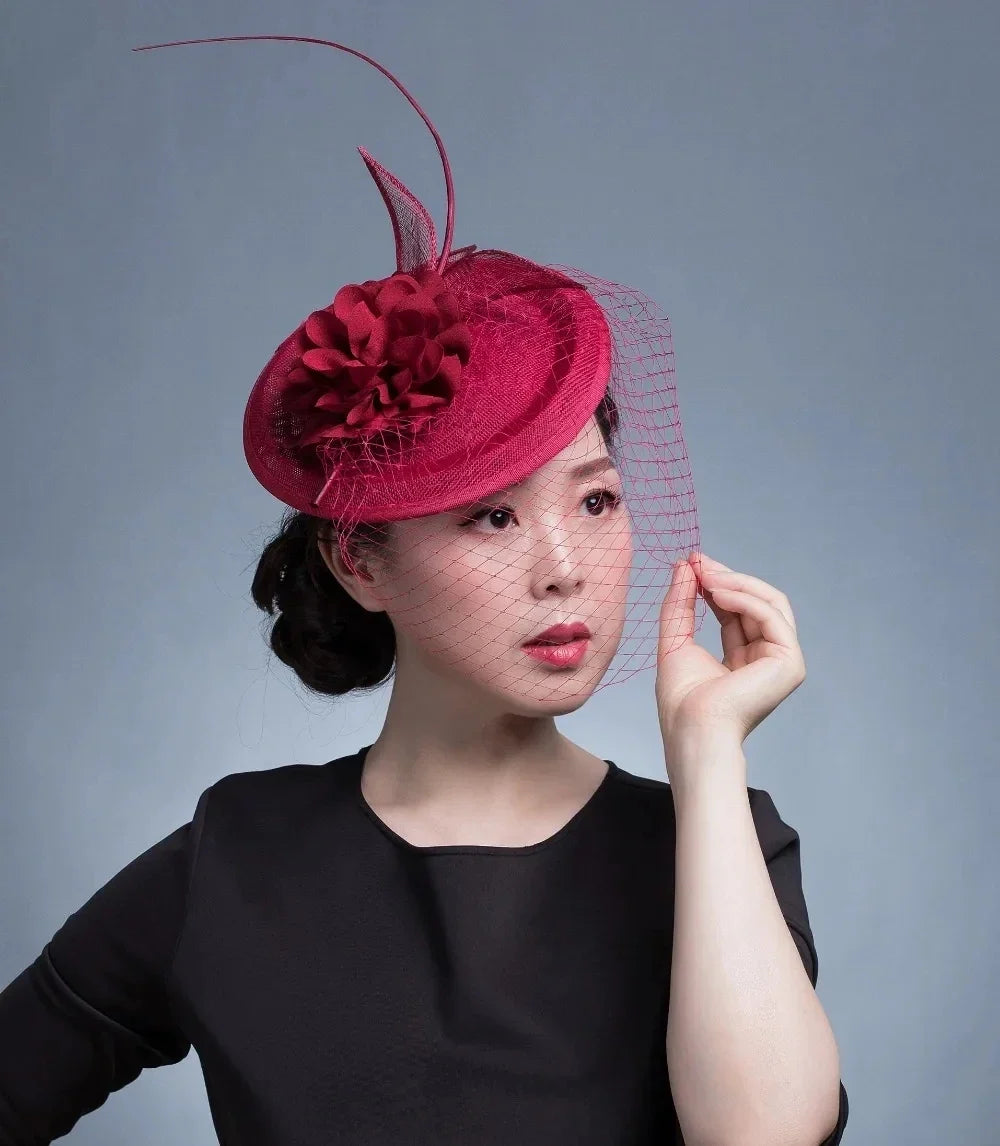 Pillbox Fascinator with Satin Flower and Birdcage Veil
