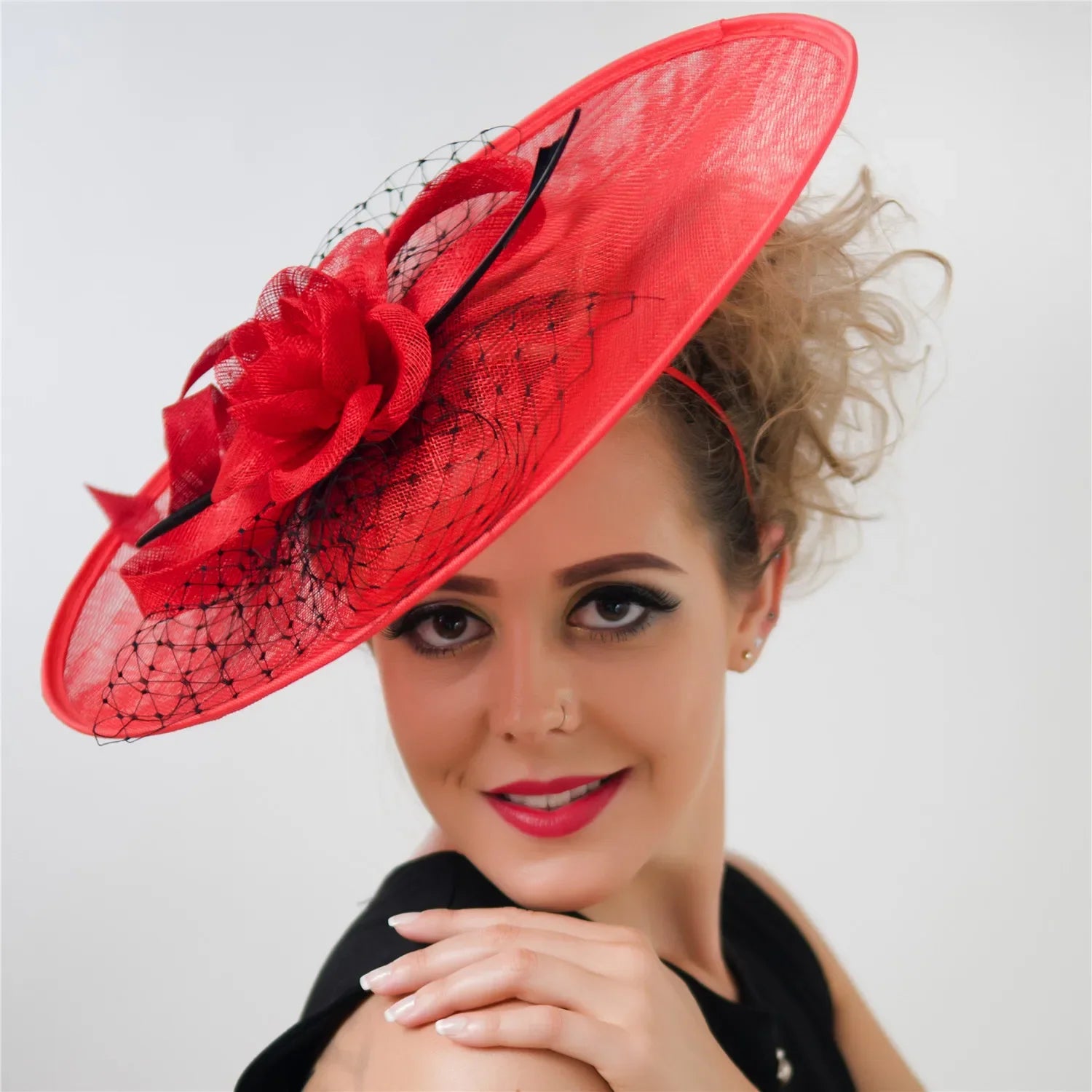 Wide Brim Sinamay Saucer Fascinator with Rosette and Quills
