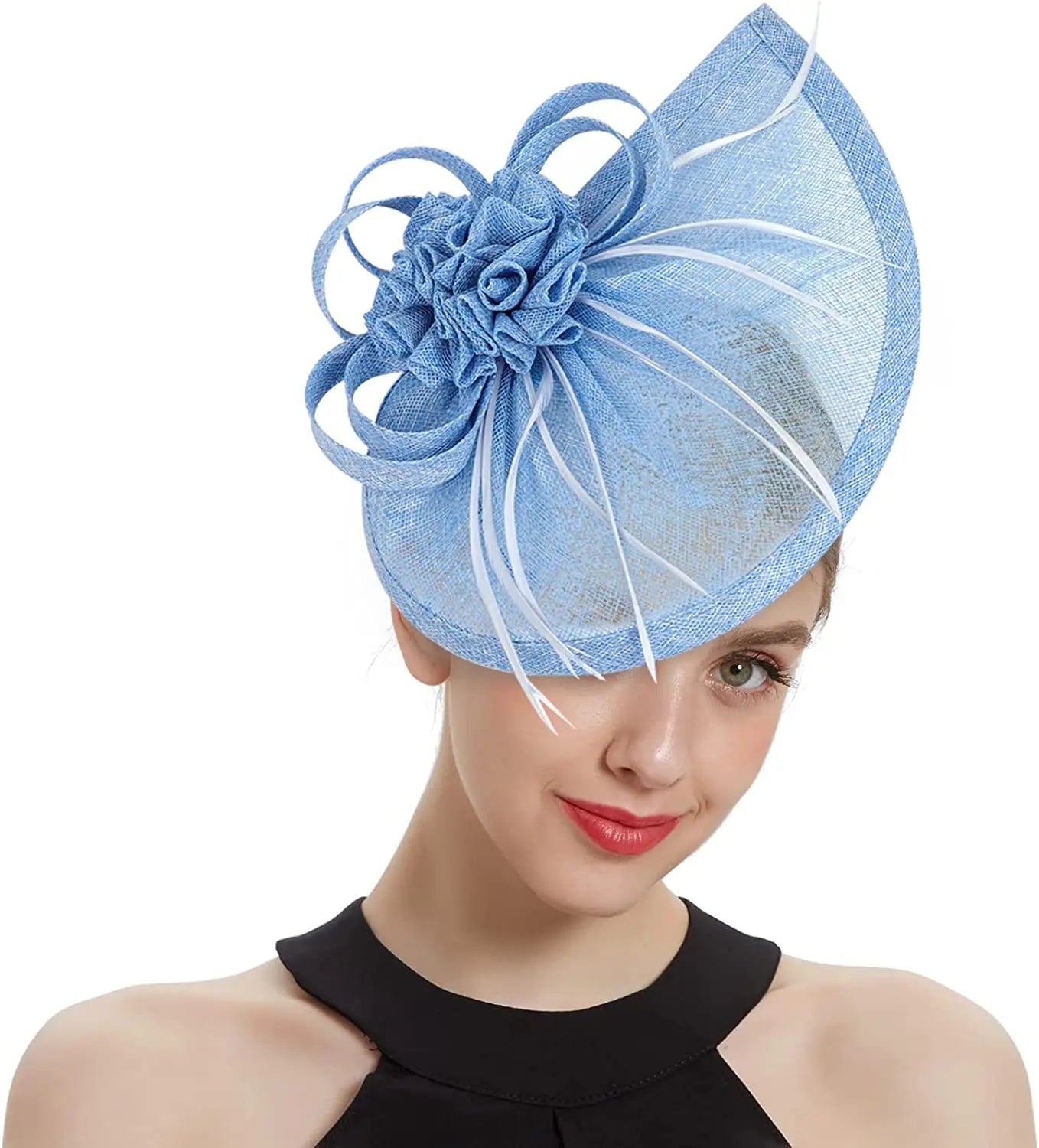Teardrop Fascinator with Ruffled Flower and Feather Trim