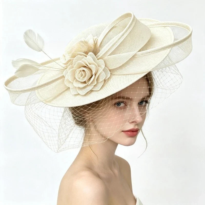 Teardrop Saucer Fascinator with Rosette and Feather Spray