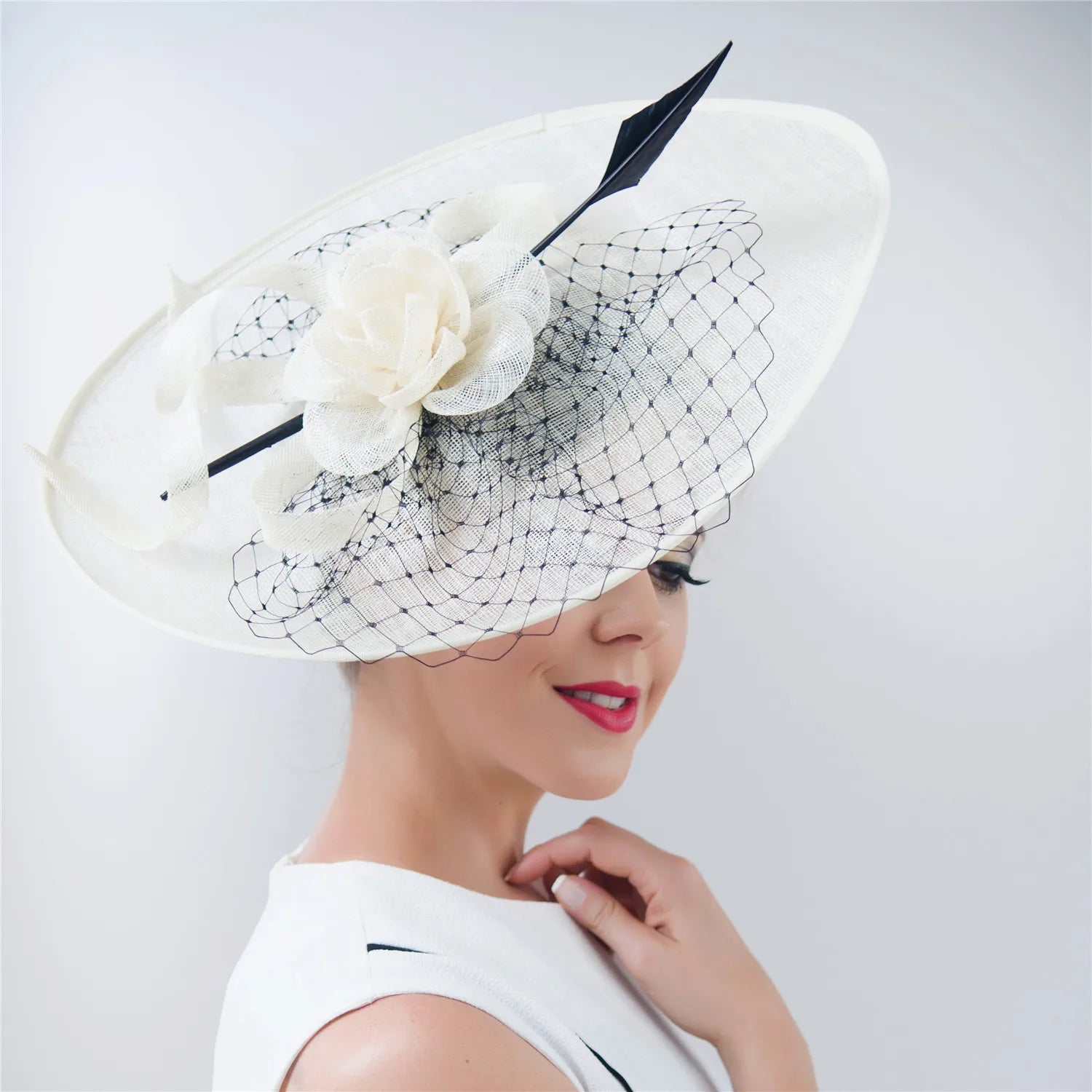 Wide Brim Sinamay Saucer Fascinator with Rosette and Quills