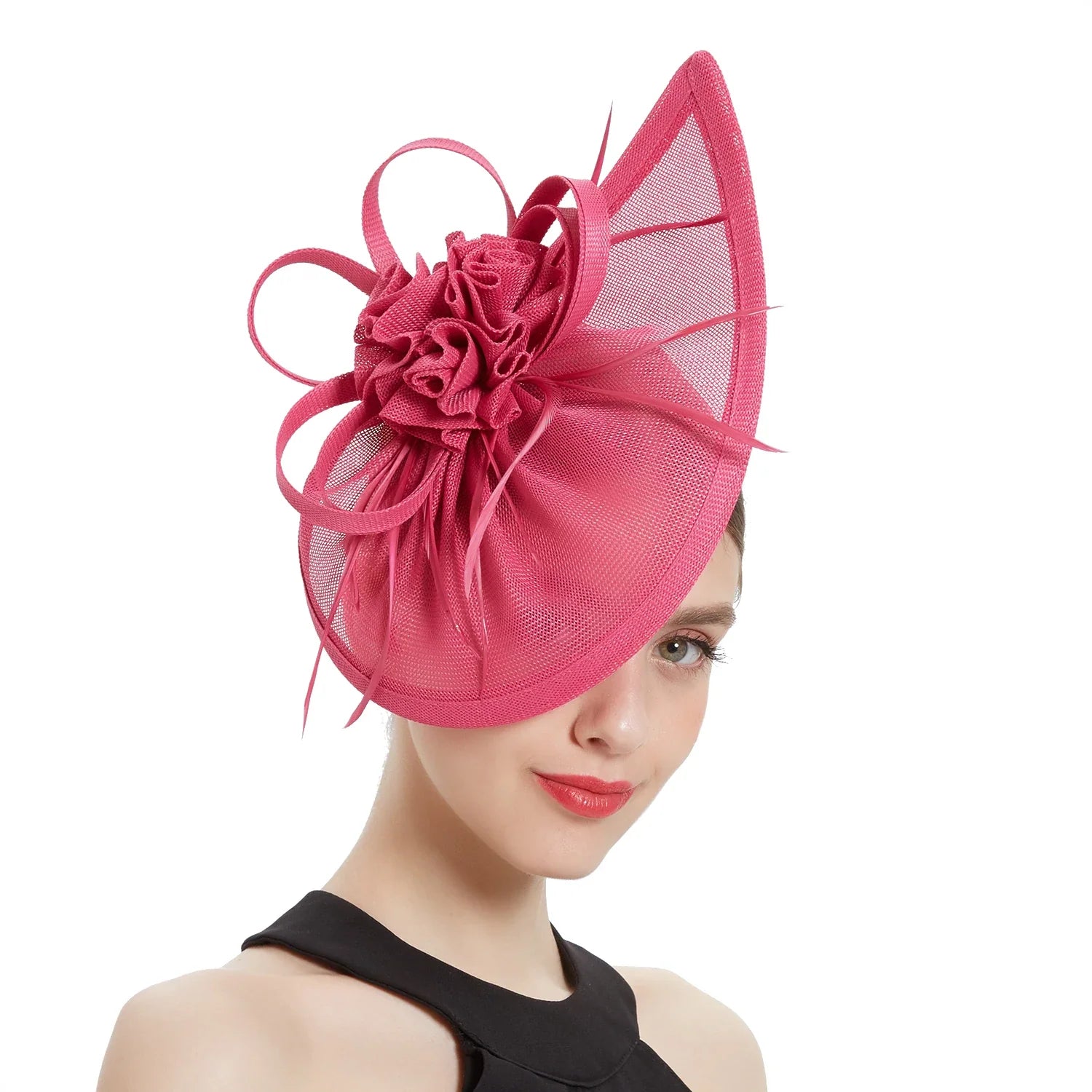 Teardrop Fascinator with Ruffled Flower and Feather Trim