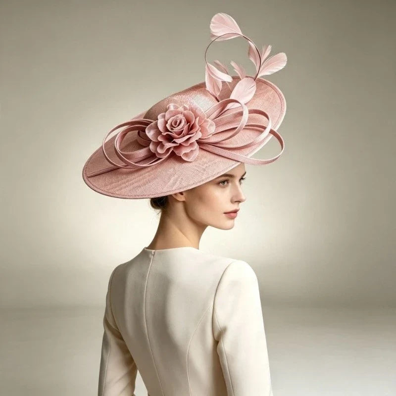 Teardrop Saucer Fascinator with Rosette and Feather Spray