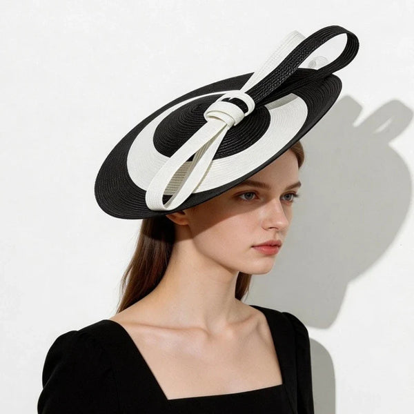Two Tone Straw Saucer Fascinator with Oversized Bow