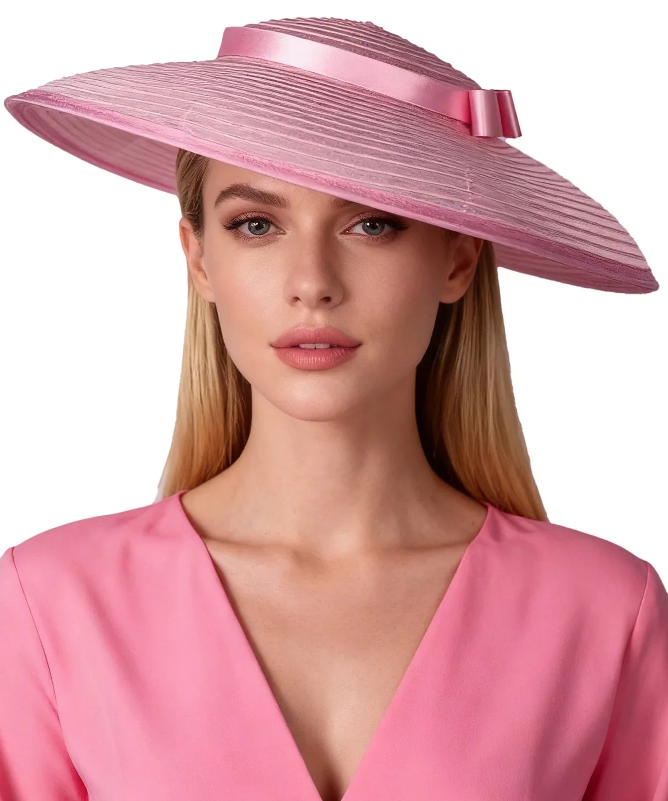 Wide Brim Pleated Church Hat with Ribbon Band