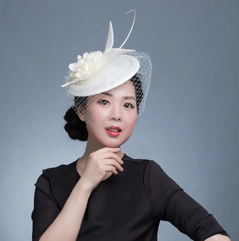 Pillbox Fascinator with Satin Flower and Birdcage Veil