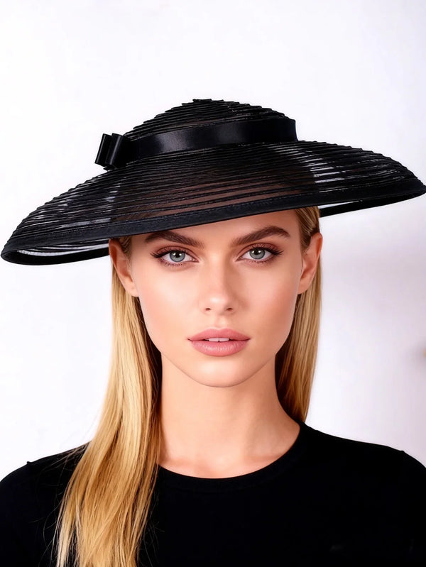 Wide Brim Pleated Church Hat with Ribbon Band