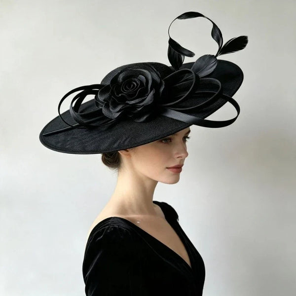 Teardrop Saucer Fascinator with Rosette and Feather Spray