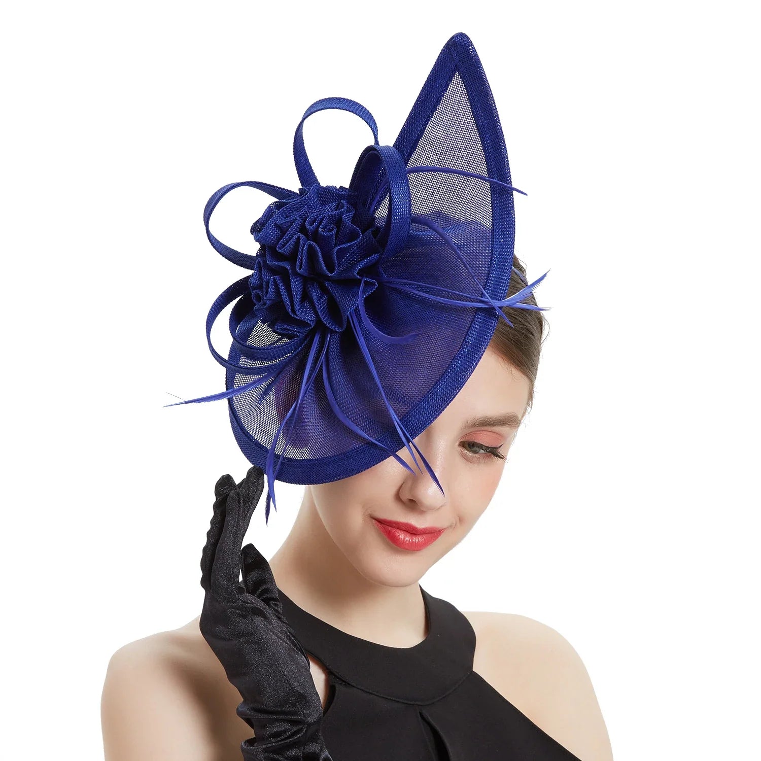 Teardrop Fascinator with Ruffled Flower and Feather Trim