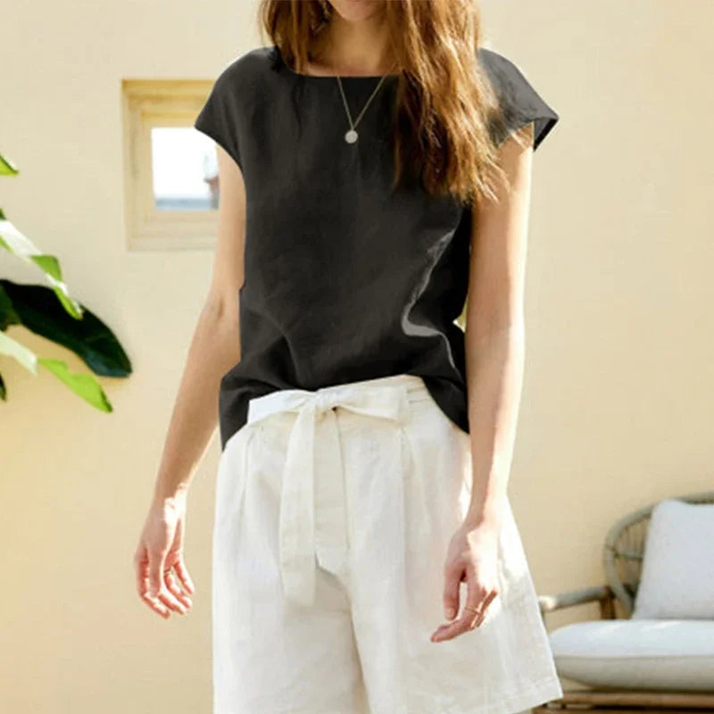 Linen t-shirt with floral sleeves