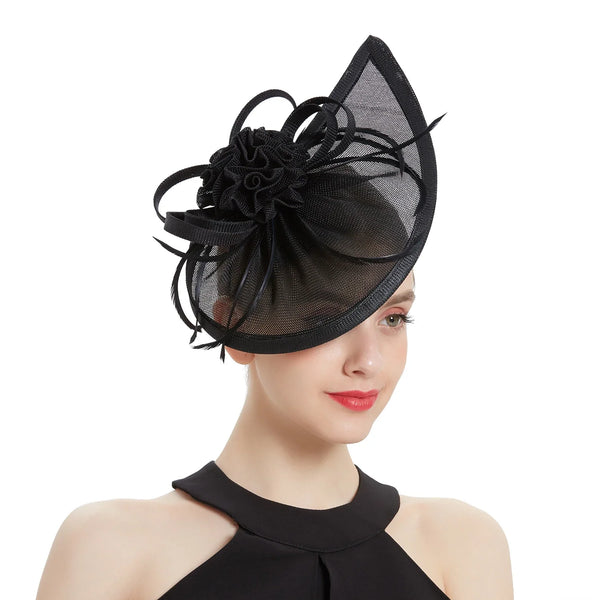 Teardrop Fascinator with Ruffled Flower and Feather Trim