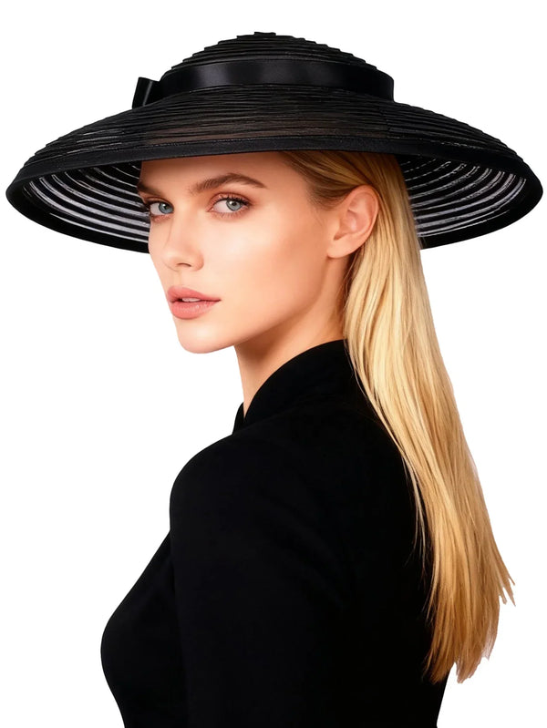 Wide Brim Pleated Church Hat with Ribbon Band