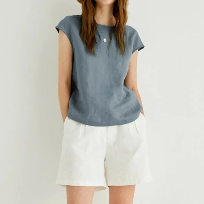 Linen t-shirt with floral sleeves