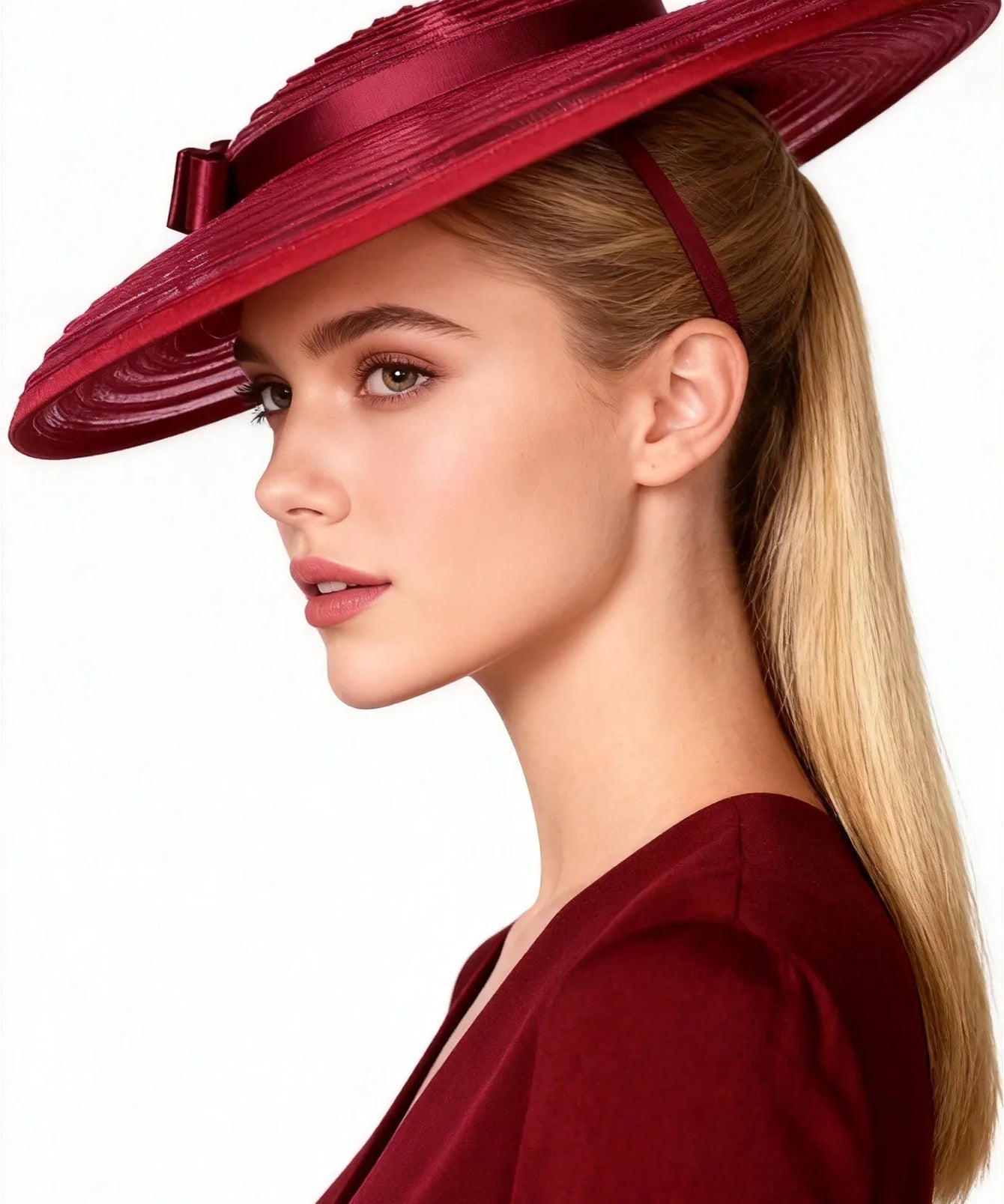 Wide Brim Pleated Church Hat with Ribbon Band