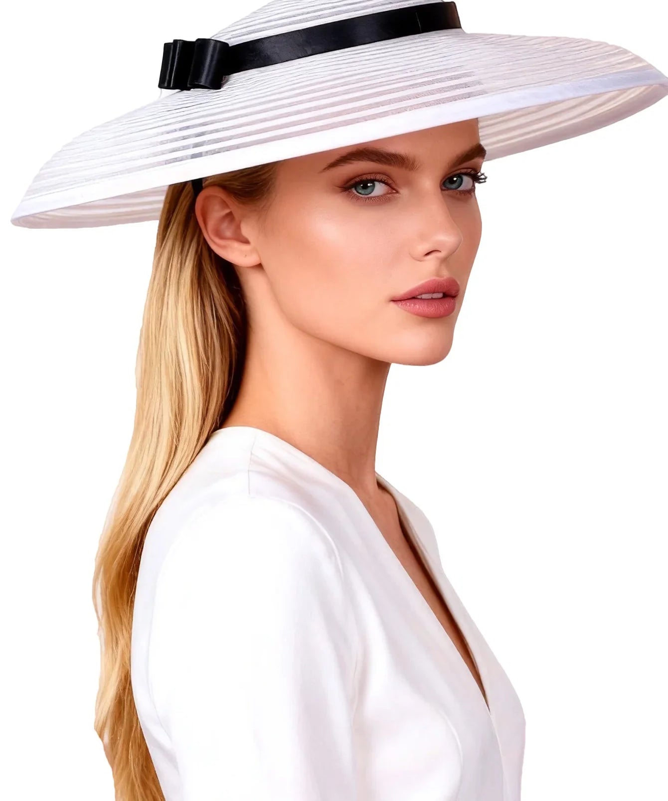 Wide Brim Pleated Church Hat with Ribbon Band