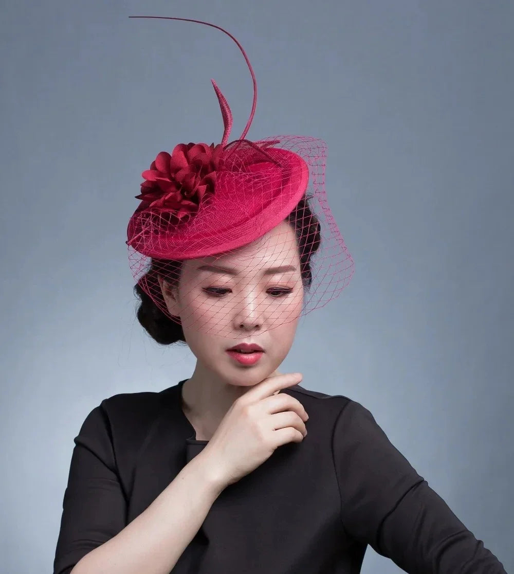 Pillbox Fascinator with Satin Flower and Birdcage Veil