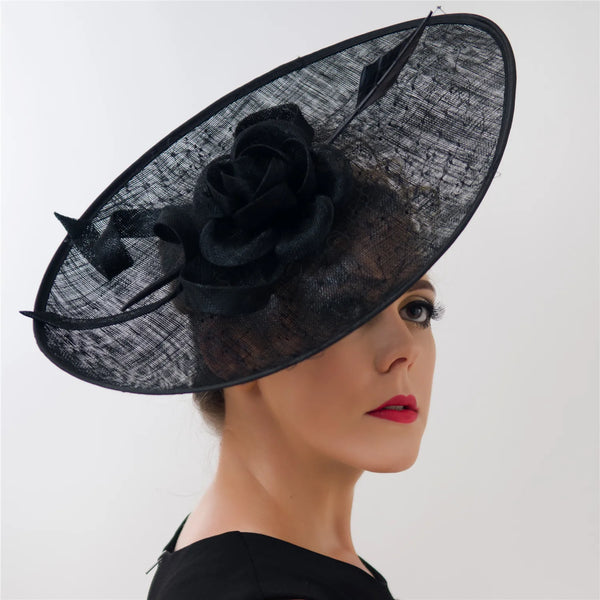 Wide Brim Sinamay Saucer Fascinator with Rosette and Quills