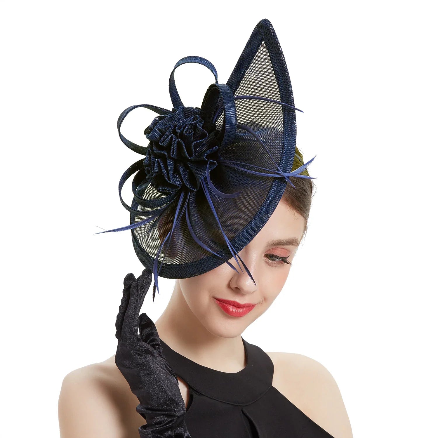 Teardrop Fascinator with Ruffled Flower and Feather Trim