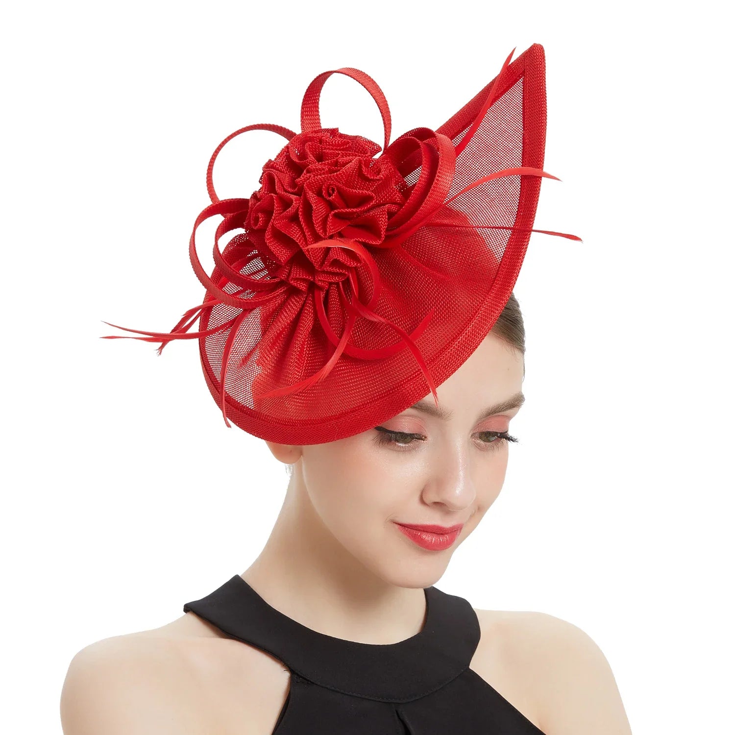 Teardrop Fascinator with Ruffled Flower and Feather Trim