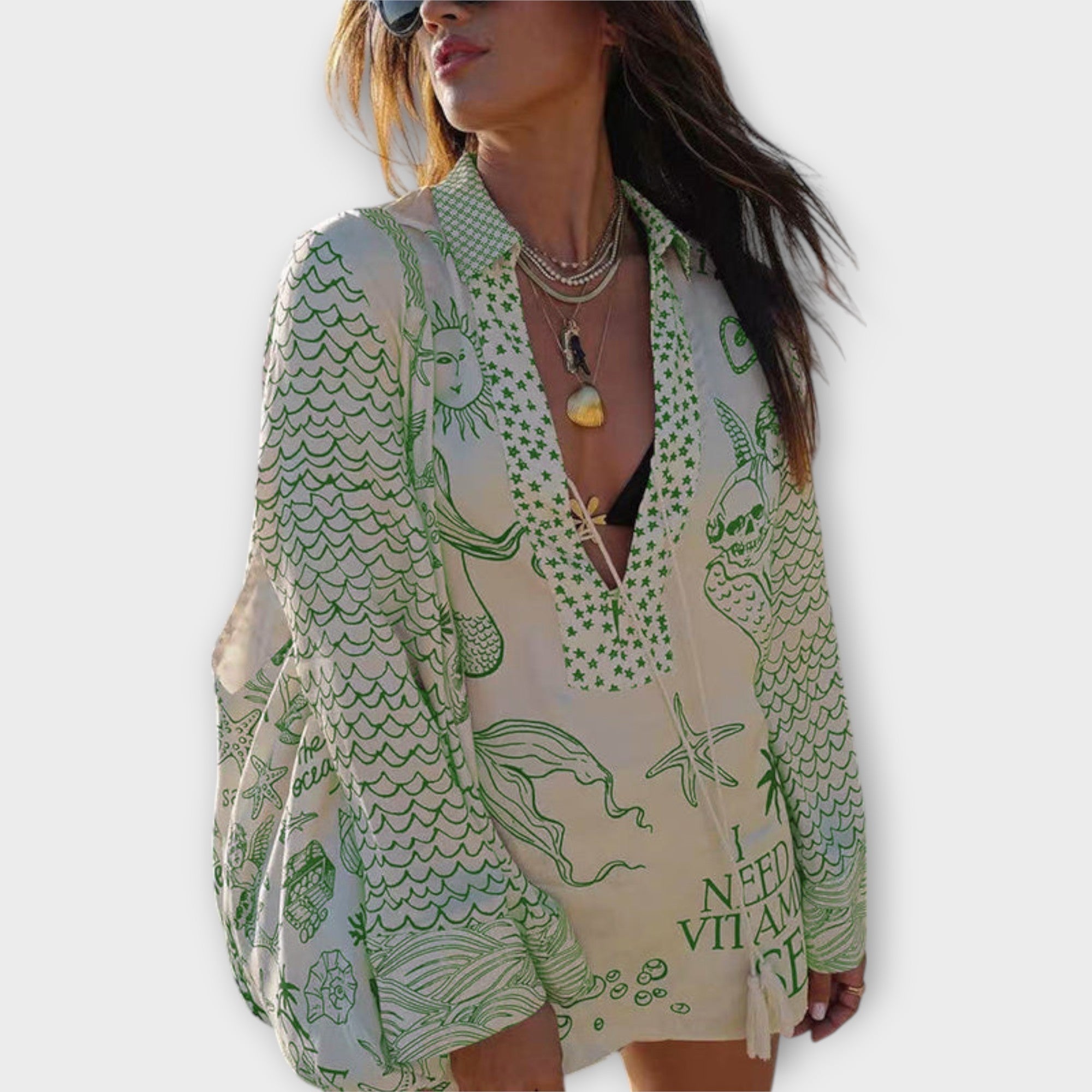 Fringe aqua satin blouse and shorts set