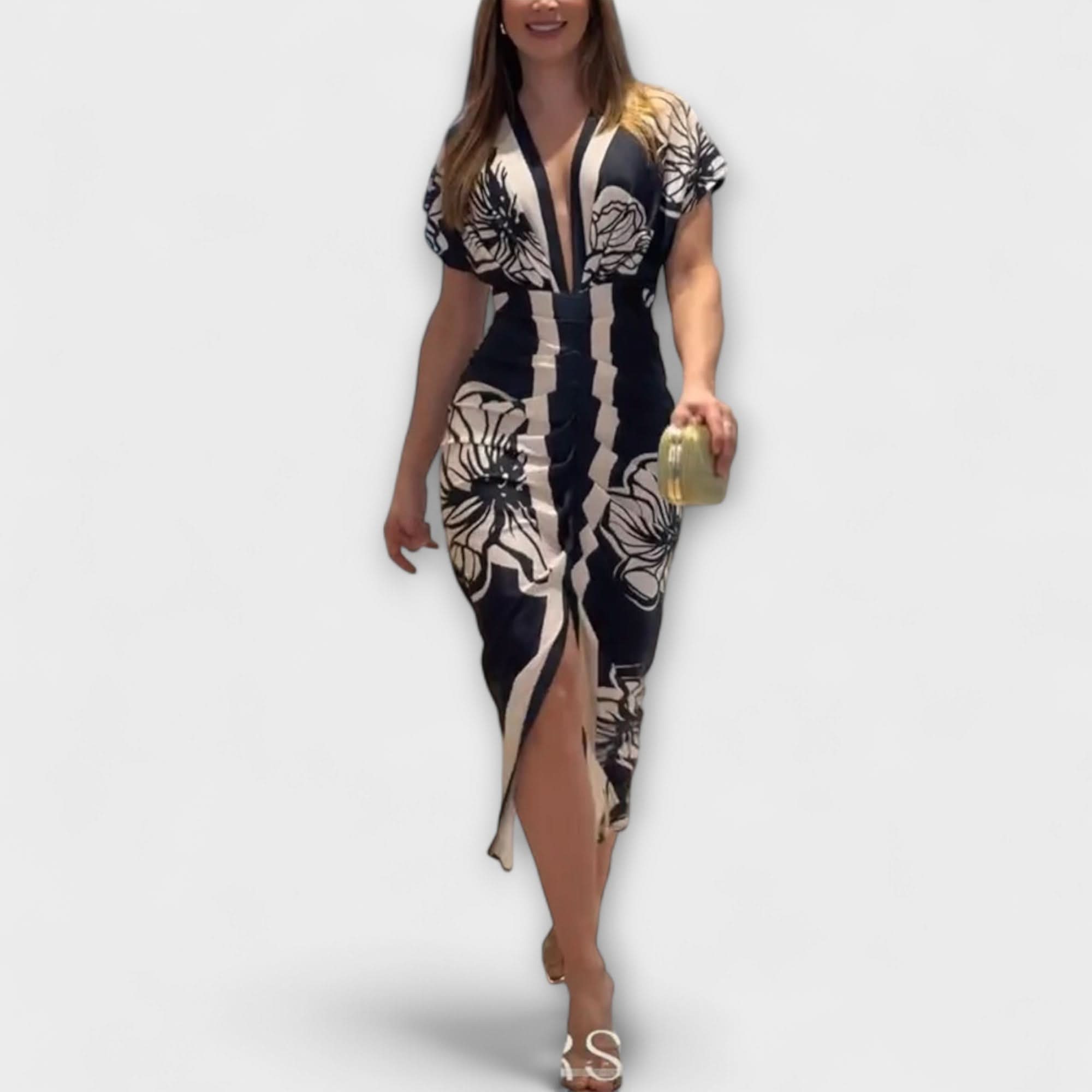 Rochie midi unică cu mâneci dolman și imprimeu brazilian