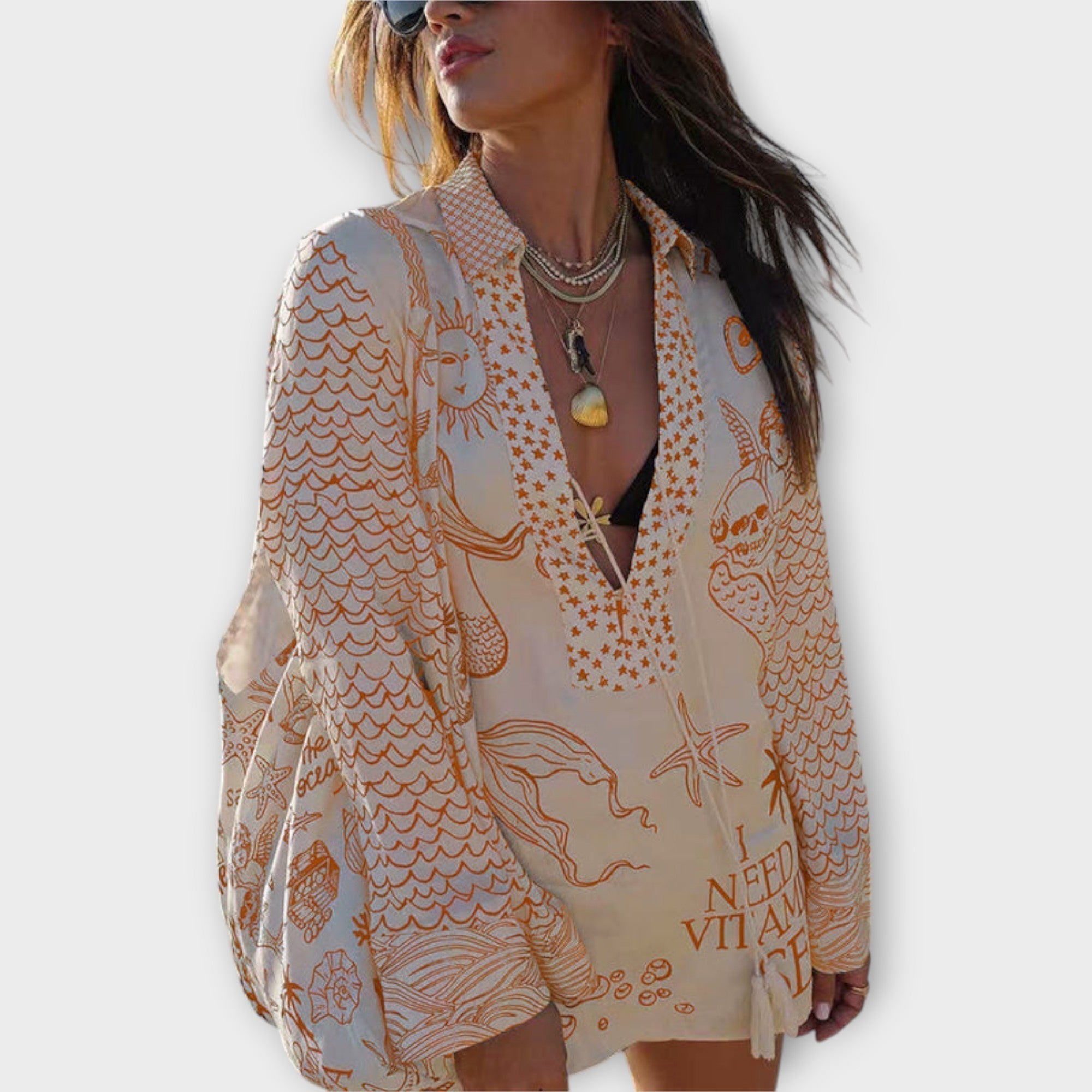 Fringe aqua satin blouse and shorts set