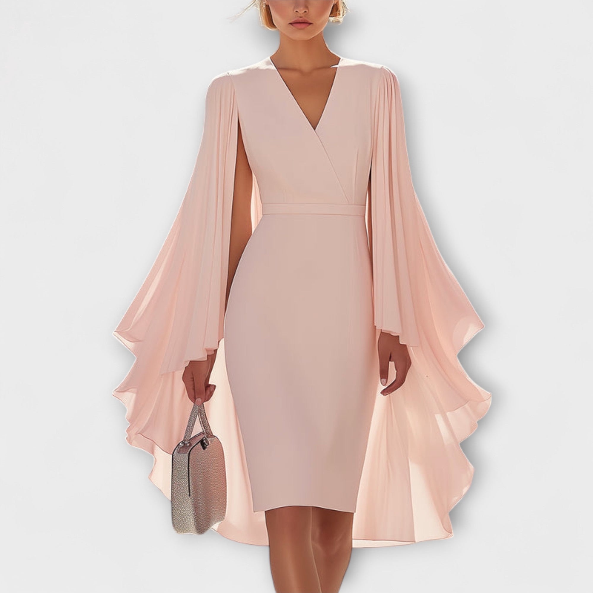 Pink midi dress with V-neckline and chiffon sleeves