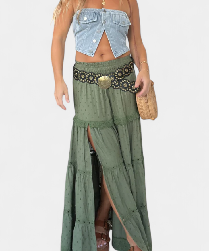 Boho maxi skirt with lace and front slit