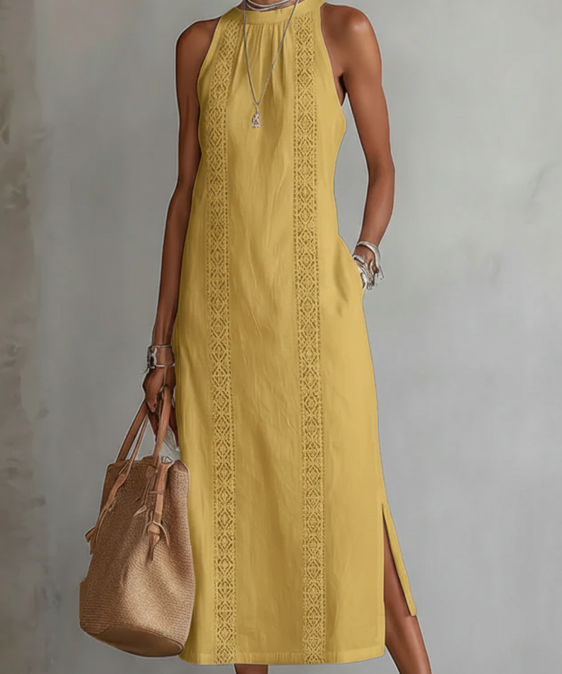 Friday | Linen Midi Dress with Mao Collar