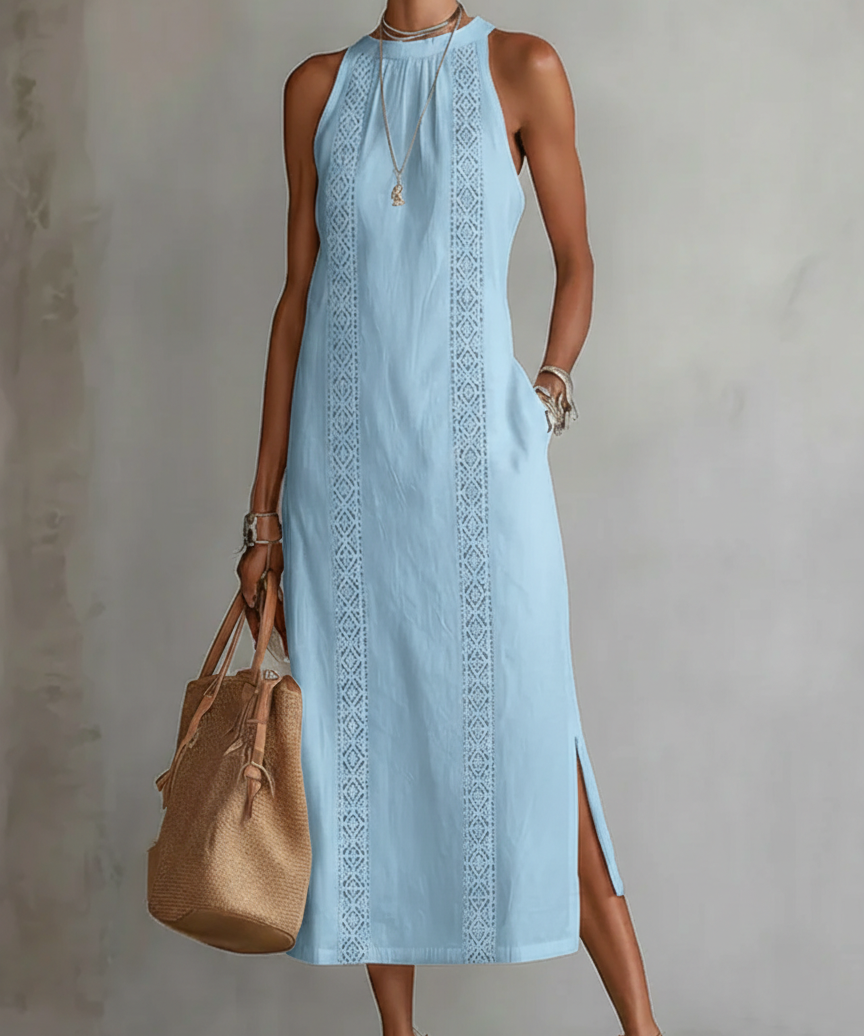Friday | Linen Midi Dress with Mao Collar